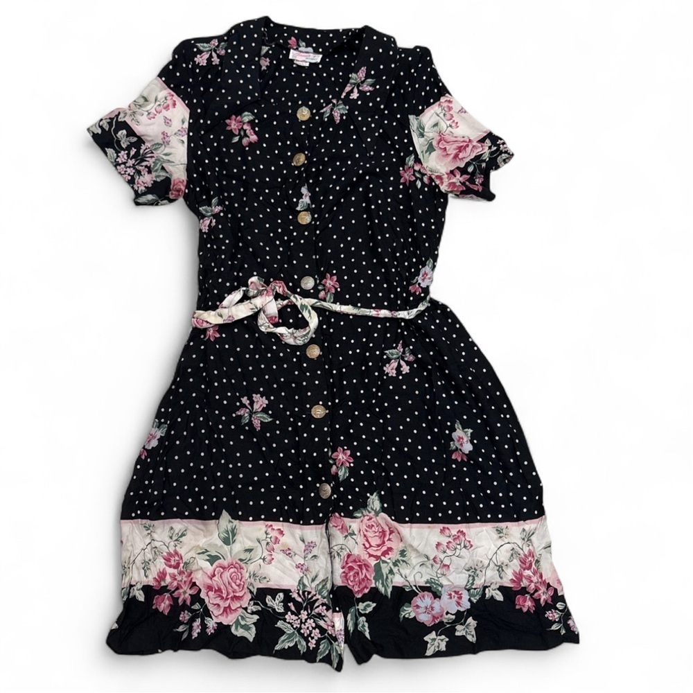 VTG 80s 90s Annia’s Originals Polka Dot Floral Midi Dress Shoulder Pads M/L